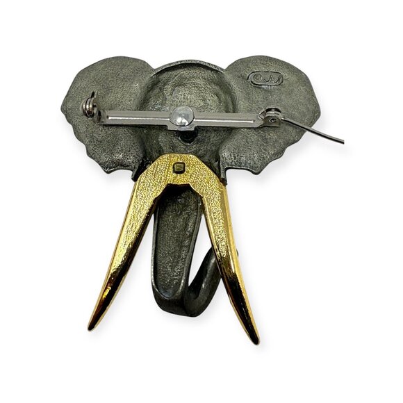 Artifacts JJ Elephant Head Brooch Pin Silver Gold Tone Tusks 3 in 1986 NEW Vtg - Picture 6 of 6